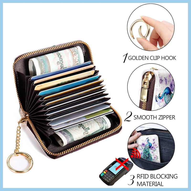 Blusabaca Credit Card Holder for Women, Peacock Small RFID Blocking Wallet with Wristlet Strap, Keychain Wristlet Zipper Women Wallet, Leather Card Case, Accordion Card Wallet Purse with Key Lanyard - Image 5